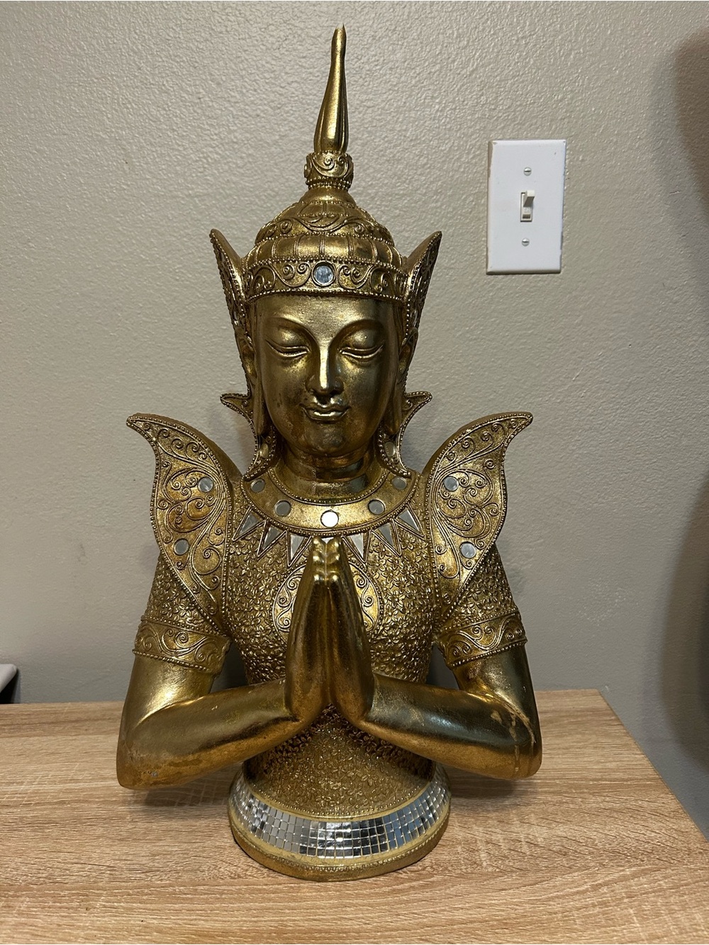 Large 21” Thai Praying Buddha Deity Statue Gold Mirror Mosaic Resin Decor